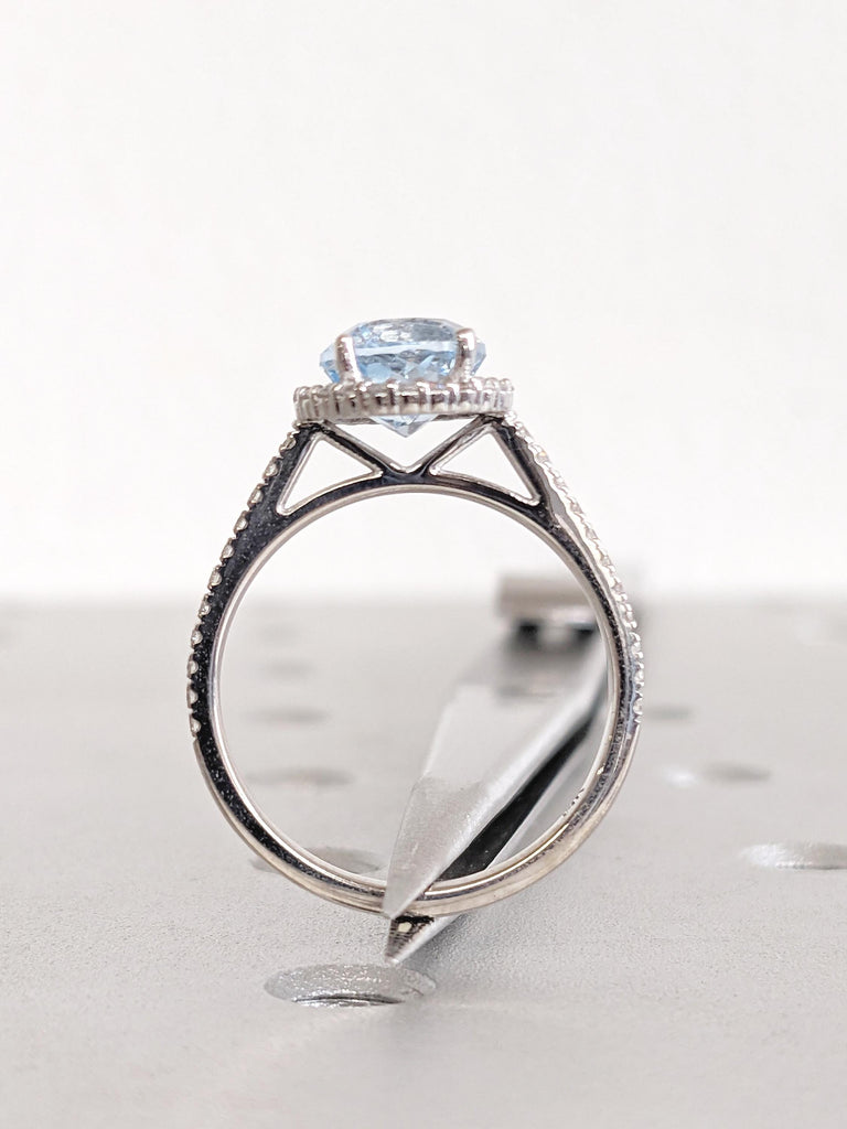 Round Lab Aquamarine Ring, Halo Engagement Ring, Comfort Fit 14k White Gold Half Eternity Ring