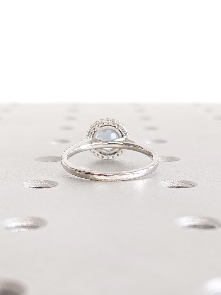 Aquamarine Ring, White Gold Ring, Diamond Halo Engagement Ring, Diamond Half Eternity Ring, Comfort Fit Ring, Lab Aquamarine Promise Ring
