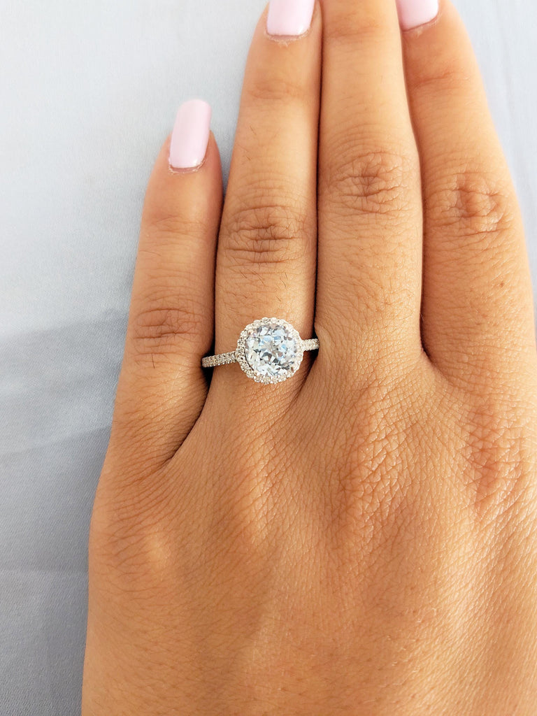 Round Lab Aquamarine Ring, Halo Engagement Ring, Comfort Fit 14k White Gold Half Eternity Ring