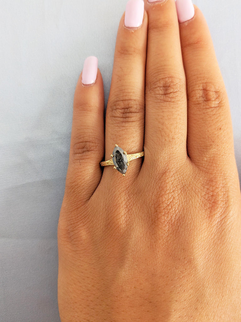 Marquise Salt and Pepper Diamond Engagement Ring, Filigree 18k Solid Gold Ring, Solitaire Ring