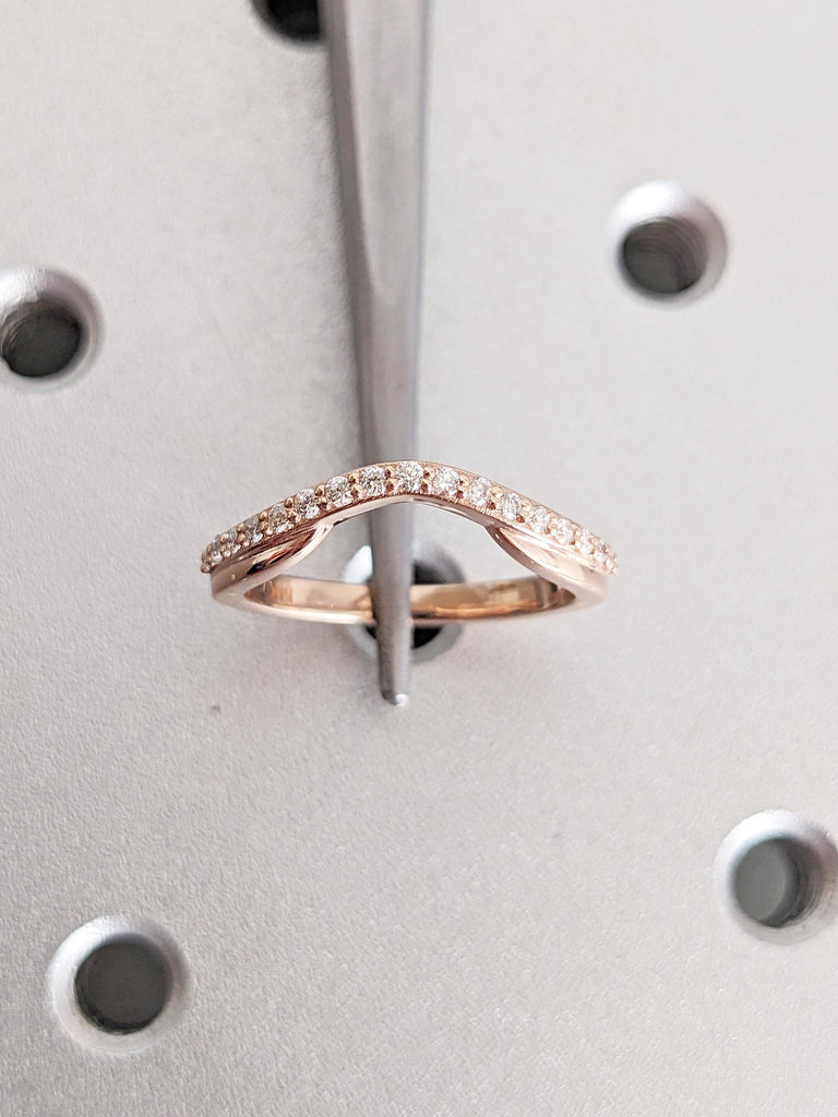 14k Rose Gold Band, Curved Wedding Band, Moissanite Half Eternity Band, Matching Rings for Women, Unique Wedding Band, Anniversary Band