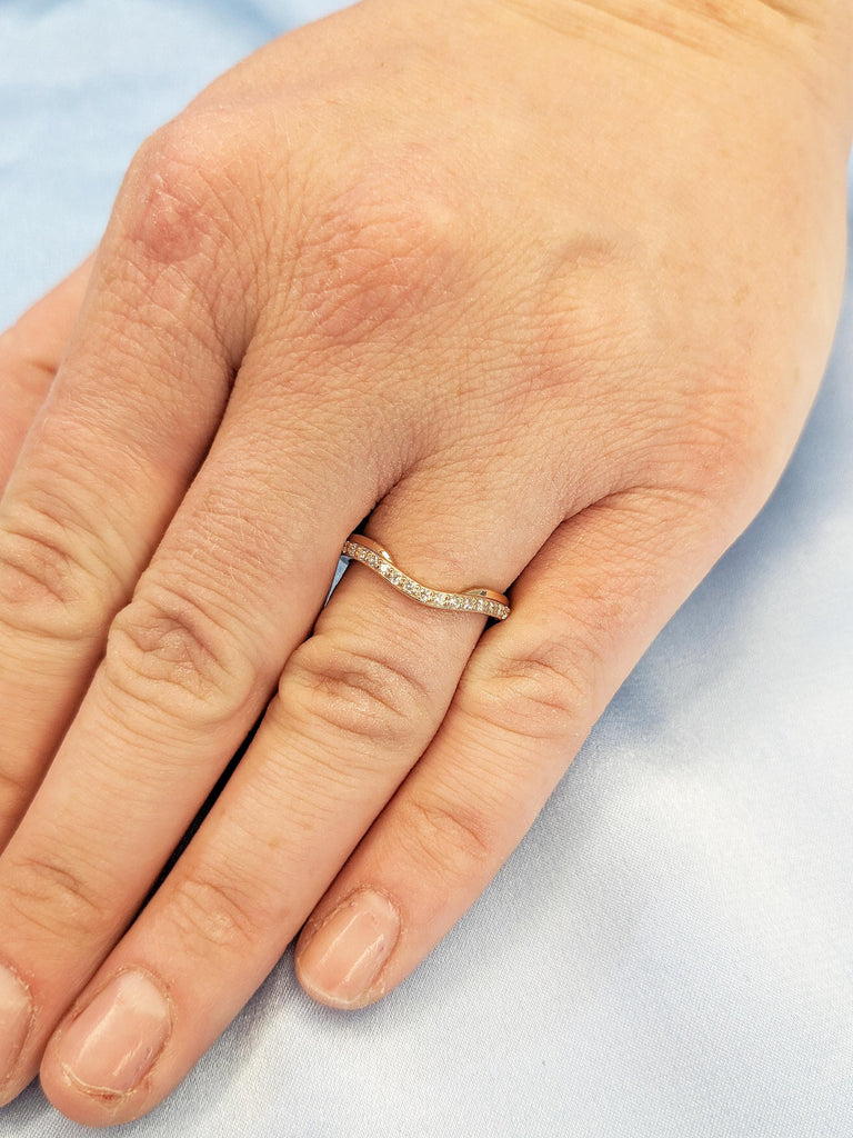 14k Rose Gold Band, Curved Wedding Band, Moissanite Half Eternity Band, Matching Rings for Women, Unique Wedding Band, Anniversary Band
