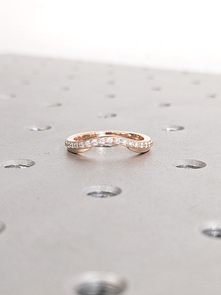 14k Rose Gold Band, Curved Wedding Band, Moissanite Half Eternity Band, Matching Rings for Women, Unique Wedding Band, Anniversary Band