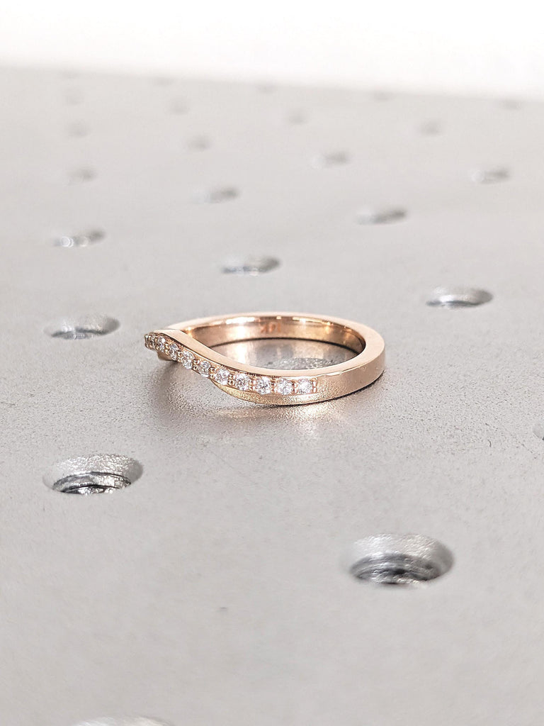14k Rose Gold Band, Curved Wedding Band, Moissanite Half Eternity Band, Matching Rings for Women, Unique Wedding Band, Anniversary Band