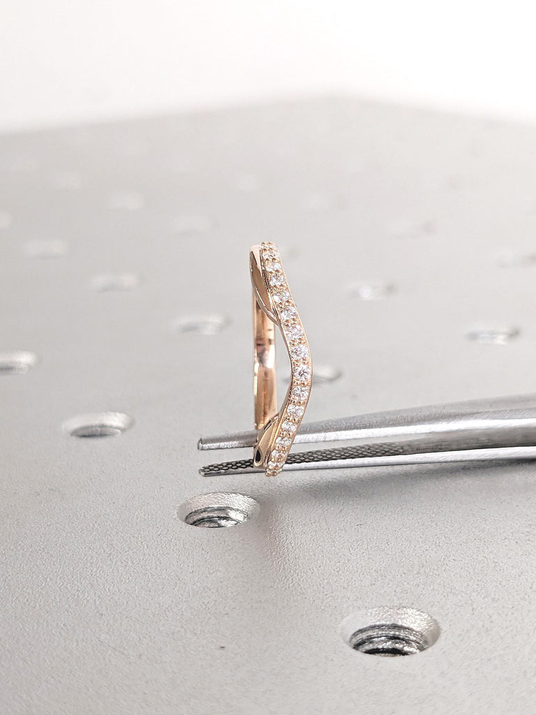 14k Rose Gold Band, Curved Wedding Band, Moissanite Half Eternity Band, Matching Rings for Women, Unique Wedding Band, Anniversary Band