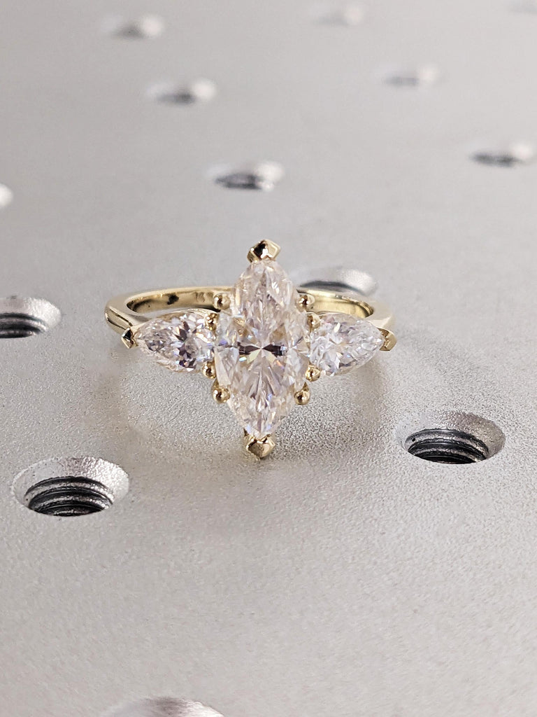 Marquise Cut Moissanite Engagement Ring, 14K Yellow Gold Three Stone Trinity Wedding Ring, Dainty Pear Cut White Diamond Ring, Prong Setting