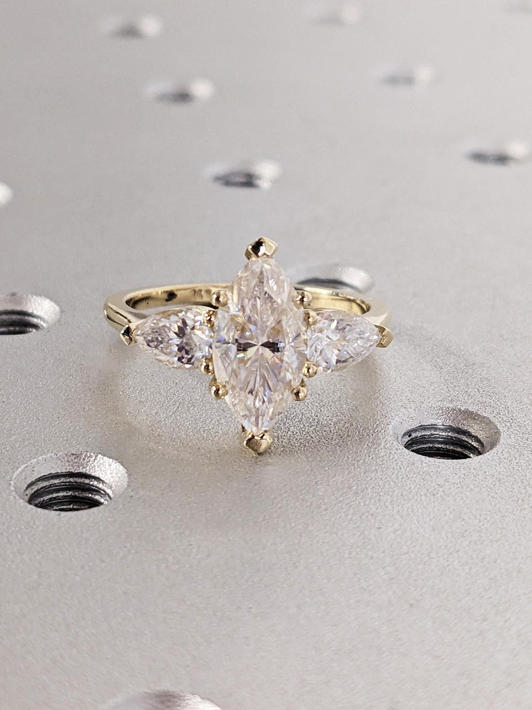 14K Yellow Gold Marquise Moissanite Engagement Ring, Dainty Three Stone Trinity Wedding Band, Pear Cut White Diamond image #10