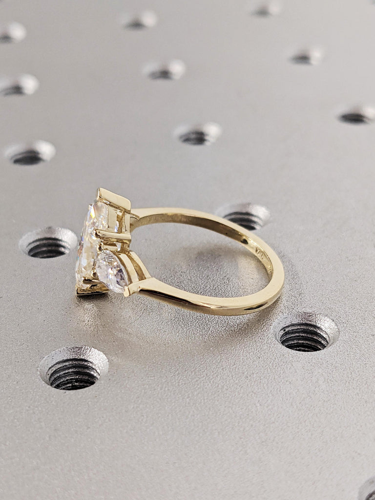 14K Yellow Gold Marquise Moissanite Engagement Ring, Dainty Three Stone Trinity Wedding Band, Pear Cut White Diamond image #7