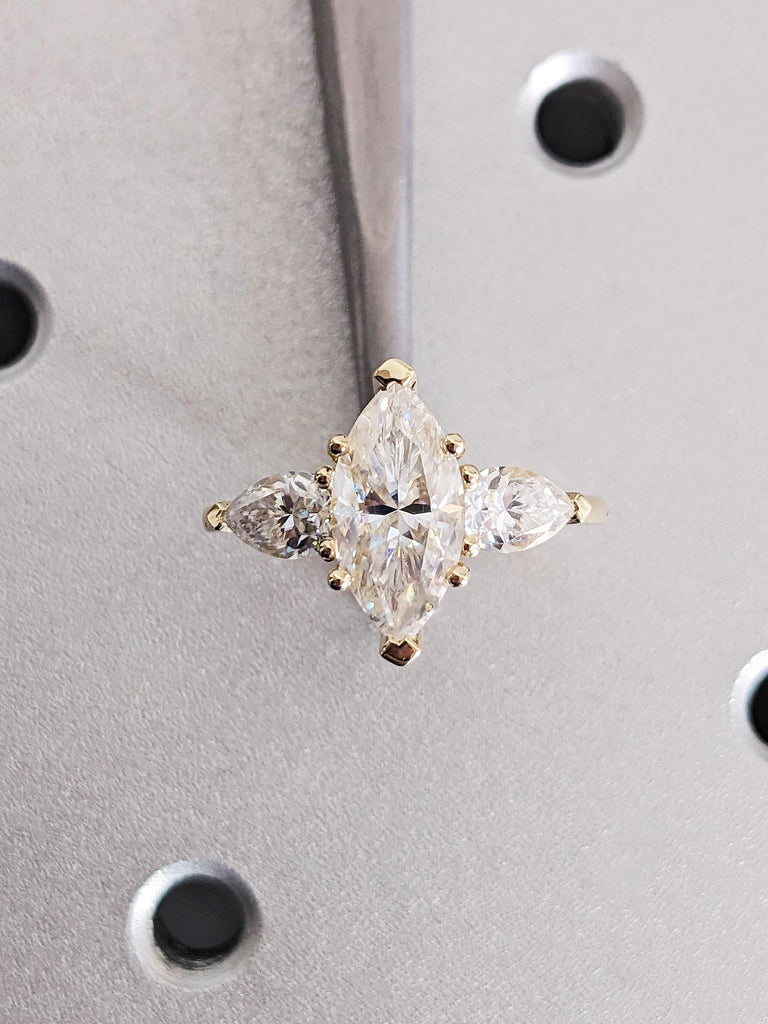 14K Yellow Gold Marquise Moissanite Engagement Ring, Dainty Three Stone Trinity Wedding Band, Pear Cut White Diamond image #3