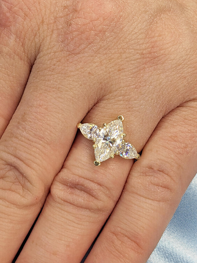 Marquise Cut Lab Diamond Engagement Ring, Three Stone Trinity White Diamond, Solid Yellow Gold Vintage Wedding Band