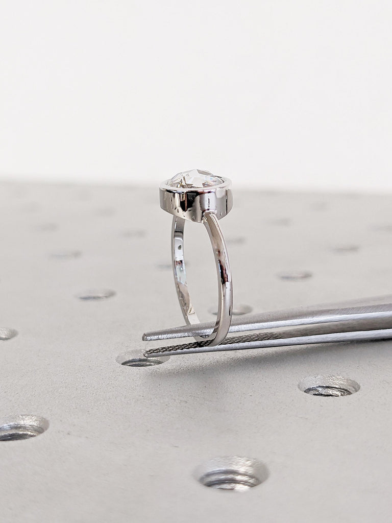 14k White Gold Engagement Ring Set, Rose Cut Moissanite Ring, Bezel Set Ring, Chevron Matching Ring, Solitaire Ring, Anniversary Ring Set