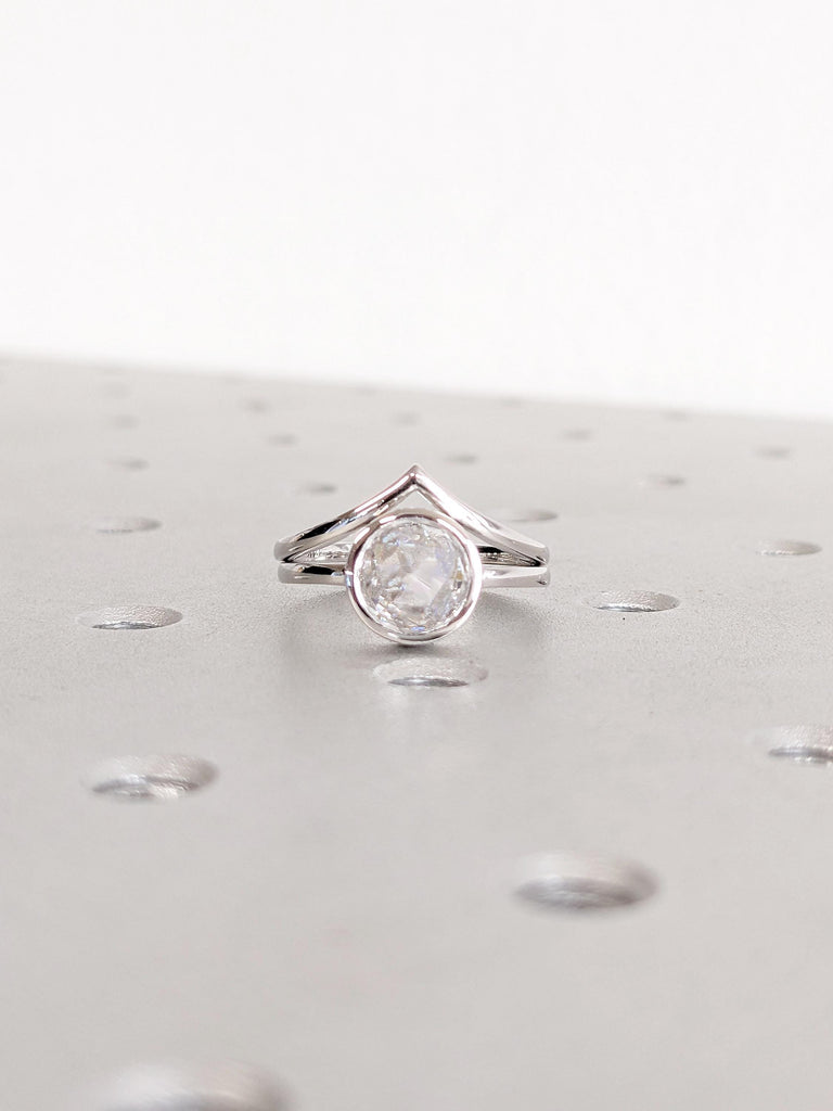 Lab Grown Diamond Engagement Ring, 14k White Gold Bezel Ring, Minimalist Wedding Ring Set, V Shaped Stackable Ring, Rose Cut Diamond Ring