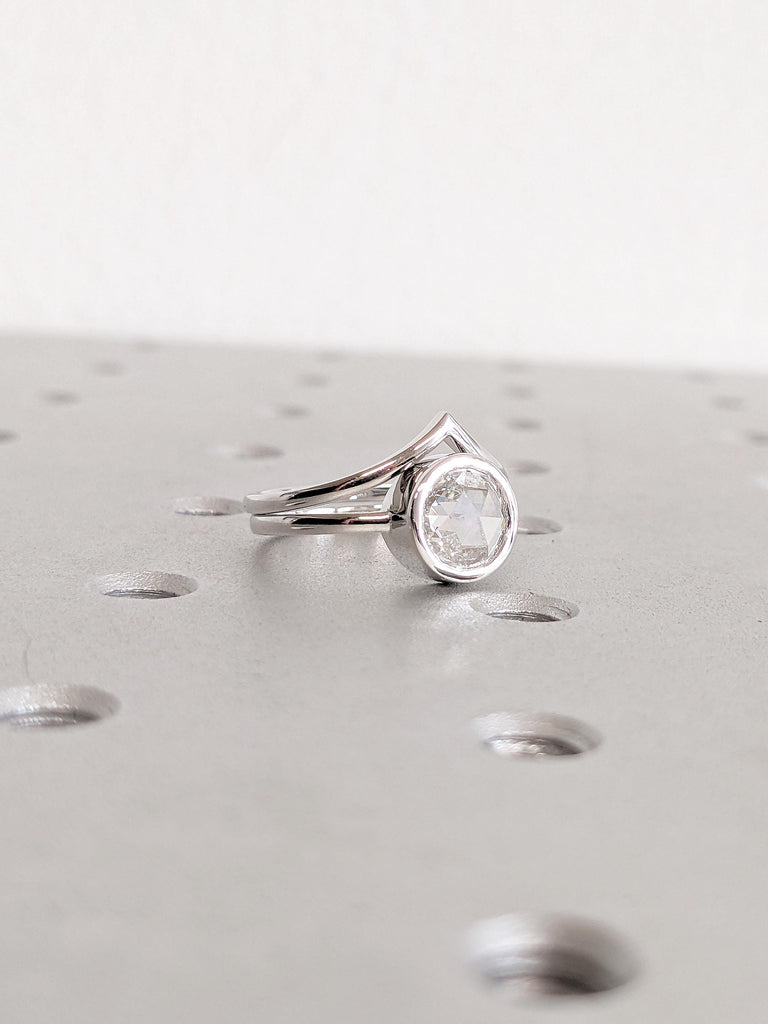 Lab Grown Diamond Engagement Ring, 14k White Gold Bezel Ring, Minimalist Wedding Ring Set, V Shaped Stackable Ring, Rose Cut Diamond Ring