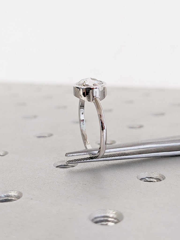 Lab Grown Diamond Bezel Engagement Ring, 14k White Gold Ring Set, Solitaire Stacking Ring