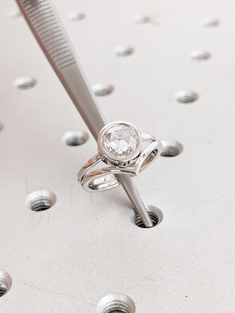 Lab Grown Diamond Engagement Ring, 14k White Gold Bezel Ring, Minimalist Wedding Ring Set, V Shaped Stackable Ring, Rose Cut Diamond Ring