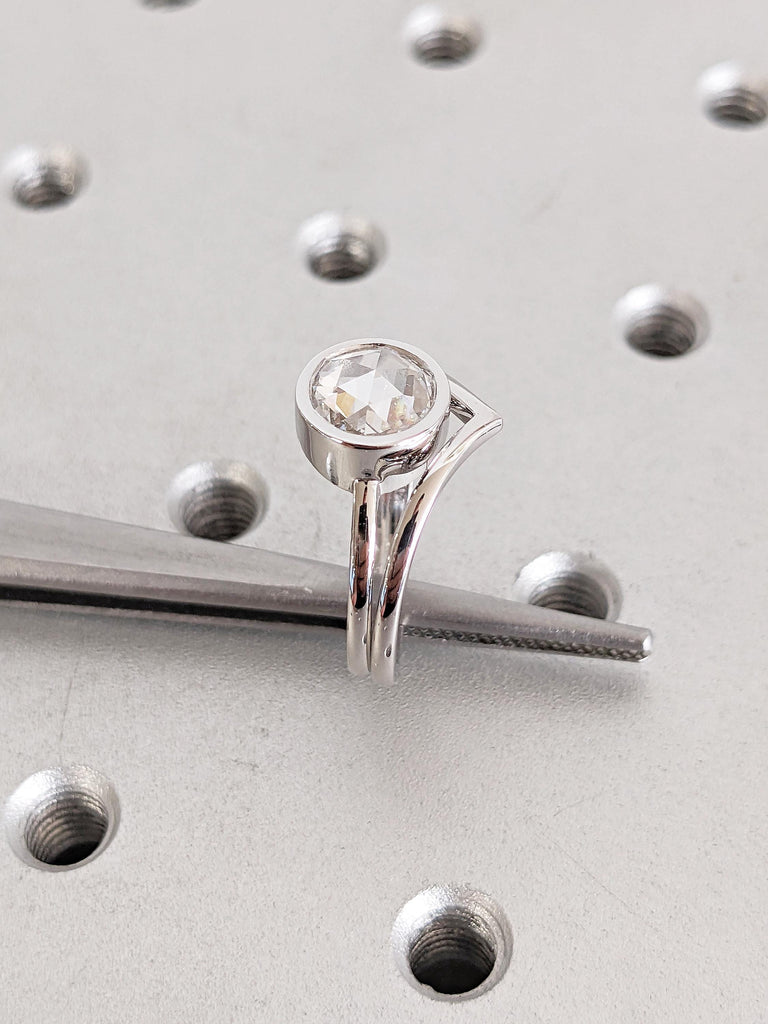 Lab Grown Diamond Engagement Ring, 14k White Gold Bezel Ring, Minimalist Wedding Ring Set, V Shaped Stackable Ring, Rose Cut Diamond Ring