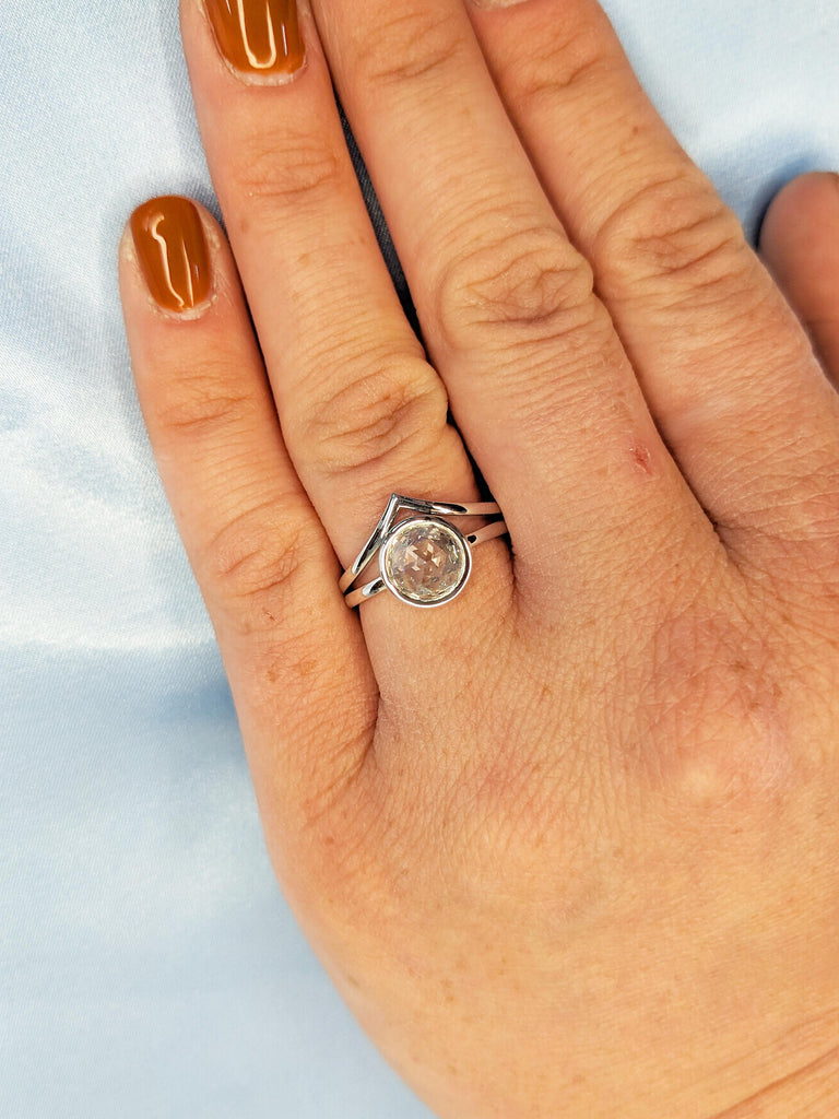14k White Gold Engagement Ring Set, Rose Cut Moissanite Ring, Bezel Set Ring, Chevron Matching Ring, Solitaire Ring, Anniversary Ring Set