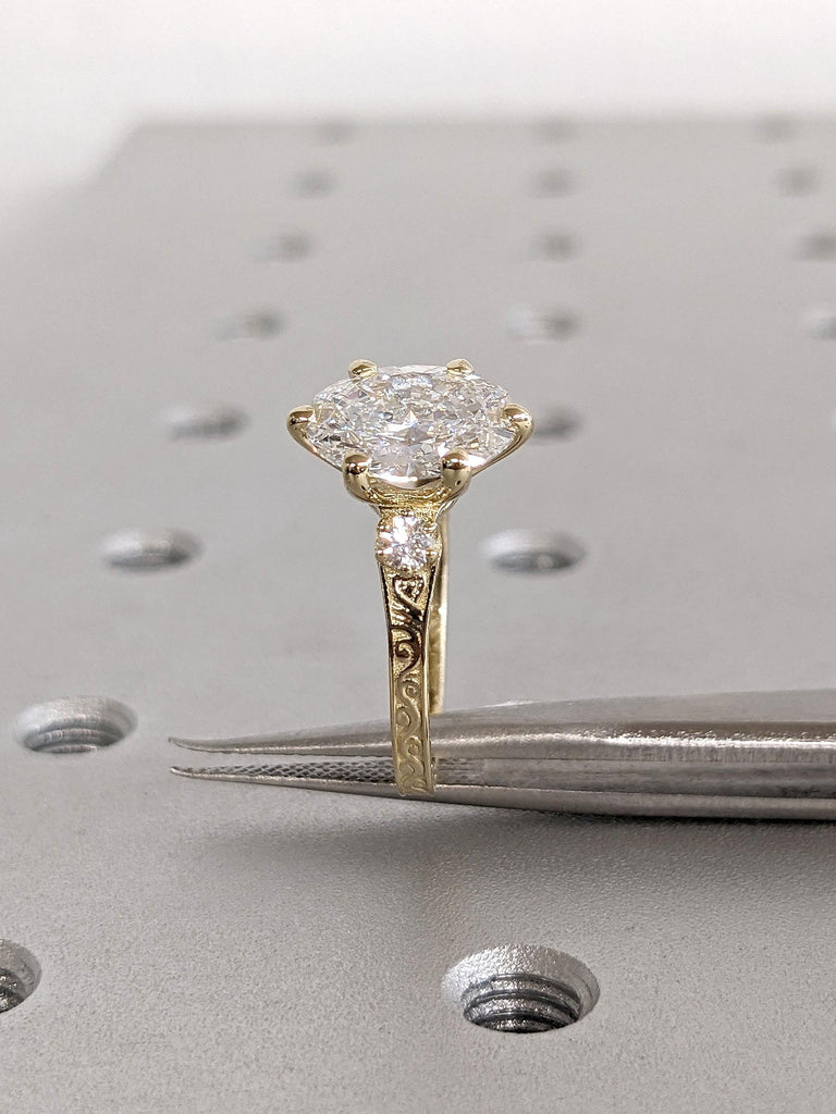 Solid Yellow Gold Oval cut Moissanite Promise Ring | Vintage Engagement Filigree Ring | Three Stone Wedding Anniversary Ring