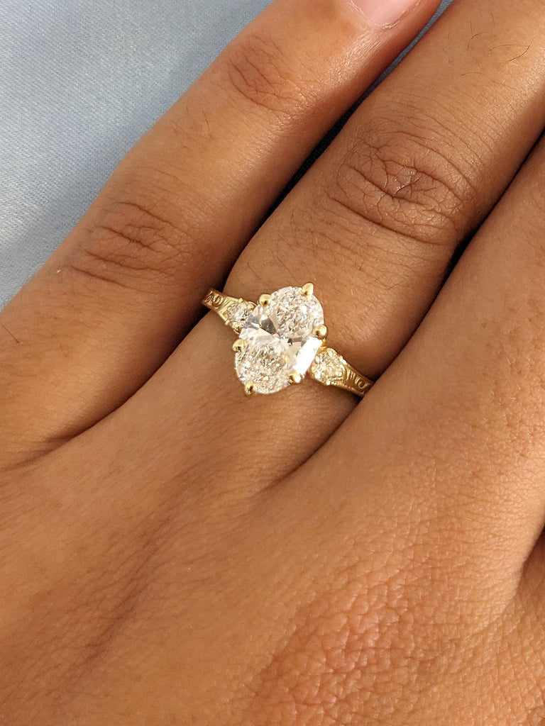 Solid Yellow Gold Oval cut Moissanite Promise Ring | Vintage Engagement Filigree Ring | Three Stone Wedding Anniversary Ring