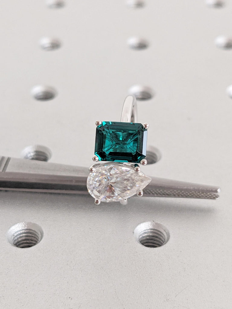 Lab Grown Emerald Ring: Emerald Cut with Pear Moissanite Two Stone Engagement Ring