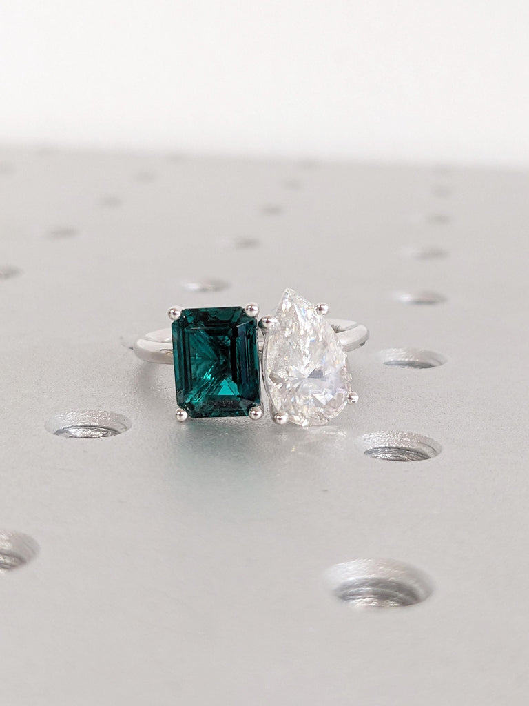 Lab Grown Emerald Ring: Emerald Cut with Pear Moissanite Two Stone Engagement Ring