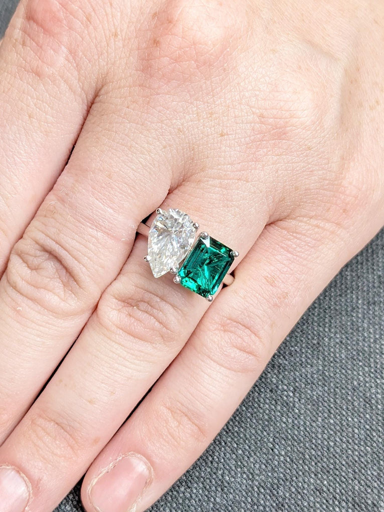 Lab Grown Emerald Ring: Emerald Cut with Pear Moissanite Two Stone Engagement Ring