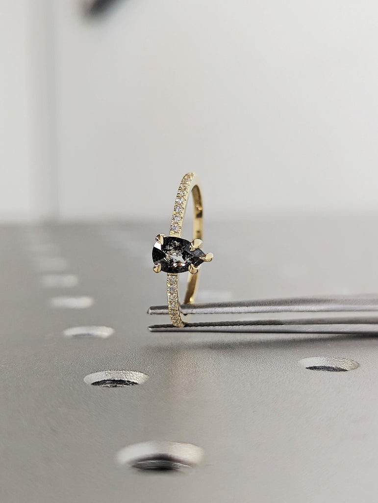 14K Yellow Gold Salt and Pepper Pear Diamond Engagement, Rose Cut Center Black Diamond Pavé Band, Unique Alternative Jewelry