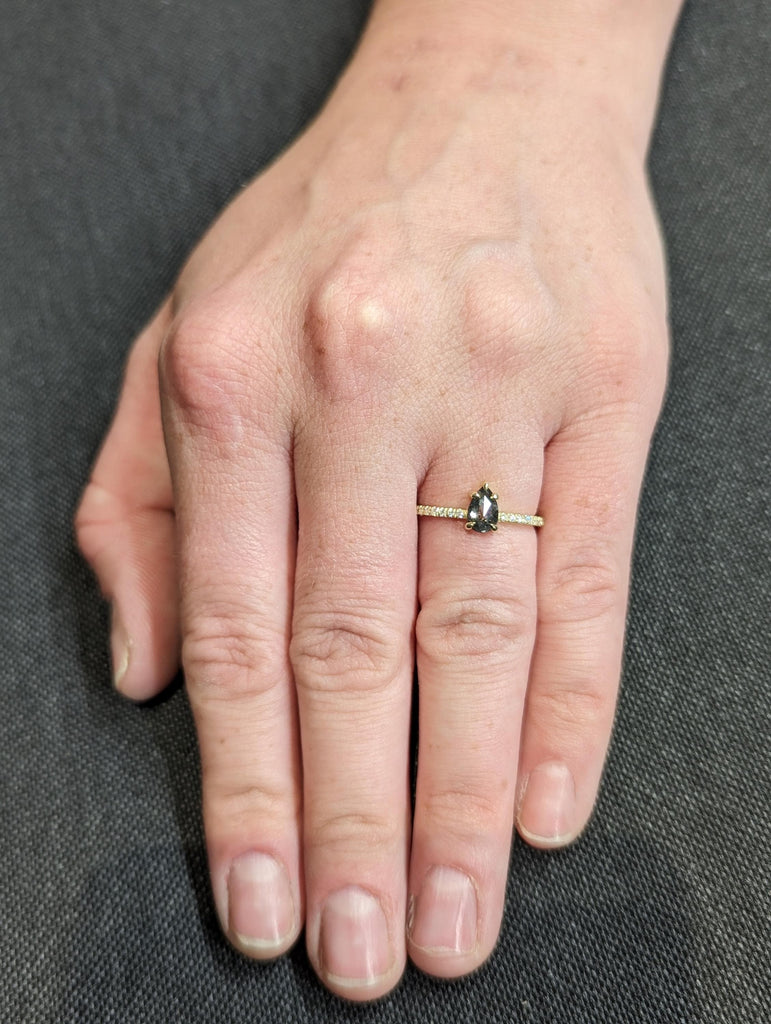 14K Yellow Gold Salt and Pepper Pear Diamond Engagement, Rose Cut Center Black Diamond Pavé Band, Unique Alternative Jewelry