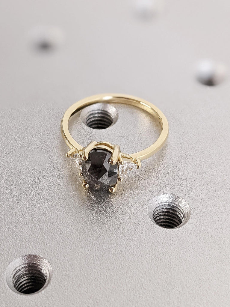 Oval Cut Raw Salt and Pepper Diamond Engagement Ring, Solid Yellow Gold Black Diamond Dainty Band, Unique Trillion Cut Diamond Wedding Ring