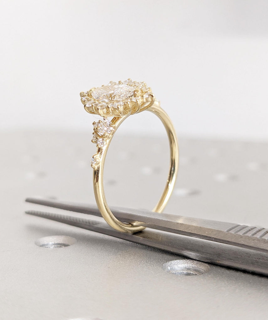 Sunburst Moissanite Marquise Engagement Ring, 14K Yellow Gold Ring, Halo Moissanite Ring, Cluster Ring