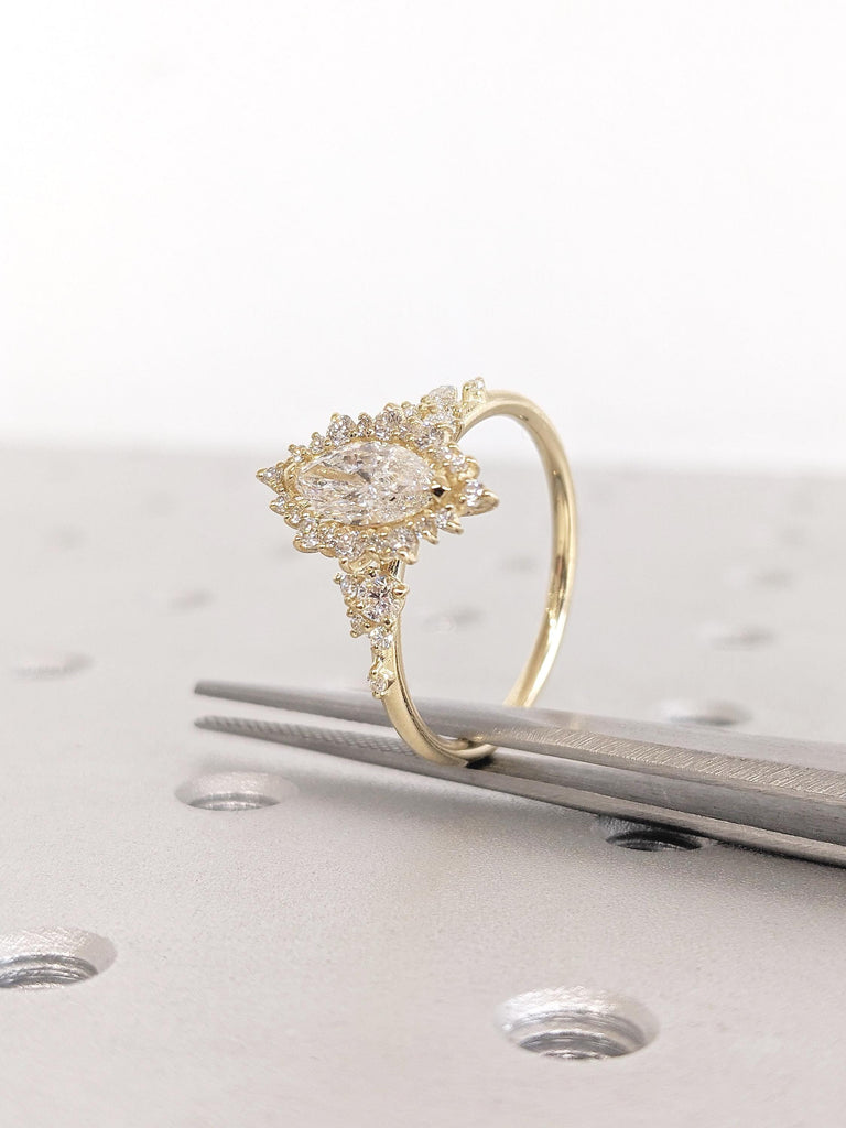 Sunburst Moissanite Marquise Engagement Ring, 14K Yellow Gold Ring, Halo Moissanite Ring, Cluster Ring