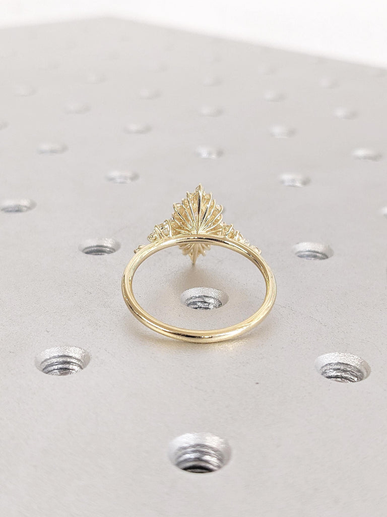 Sunburst Moissanite Marquise Engagement Ring, 14K Yellow Gold Ring, Halo Moissanite Ring, Cluster Ring
