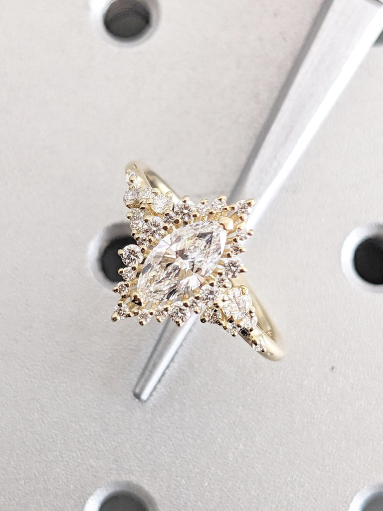 Sunburst Moissanite Marquise Engagement Ring, 14K Yellow Gold Ring, Halo Moissanite Ring, Cluster Ring image #5