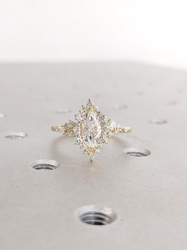 Moissanite Ring, 14K Solid Gold Engagement Ring, Marquise Moissanite Halo Ring, Personalized Statement Ring, Diamond Cluster Promise Ring