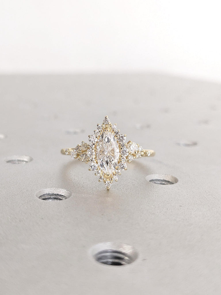 Sunburst Moissanite Marquise Engagement Ring, 14K Yellow Gold Ring, Halo Moissanite Ring, Cluster Ring