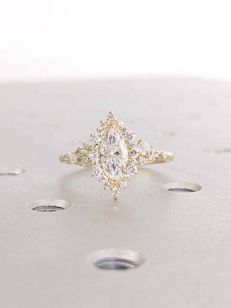Marquise Lab Grown Diamond Engagement Ring, 14k Solid Gold Statement Ring, Diamond Halo Ring, Sunburst Diamond Cluster Ring, Handmade Rings