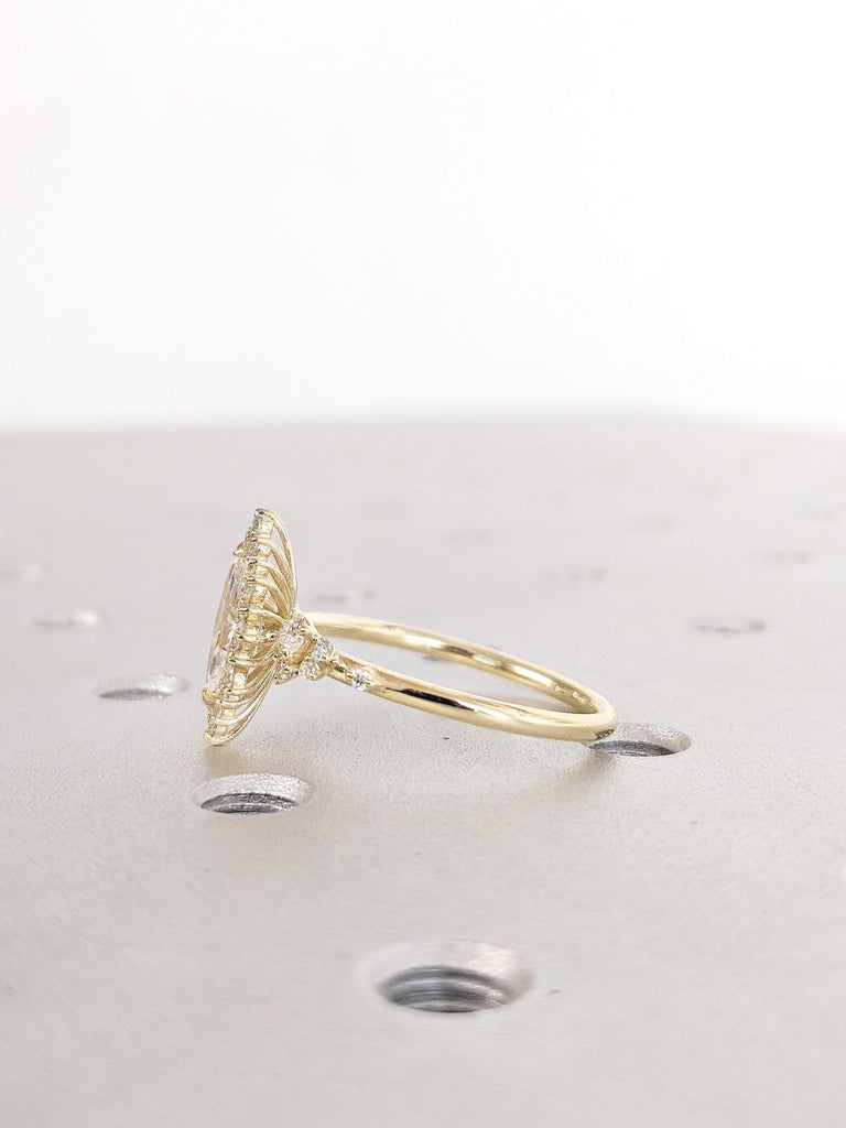 14K Yellow Gold Lab Grown Diamond Ring, Sunburst Halo Engagement Ring, Diamond Cluster Ring