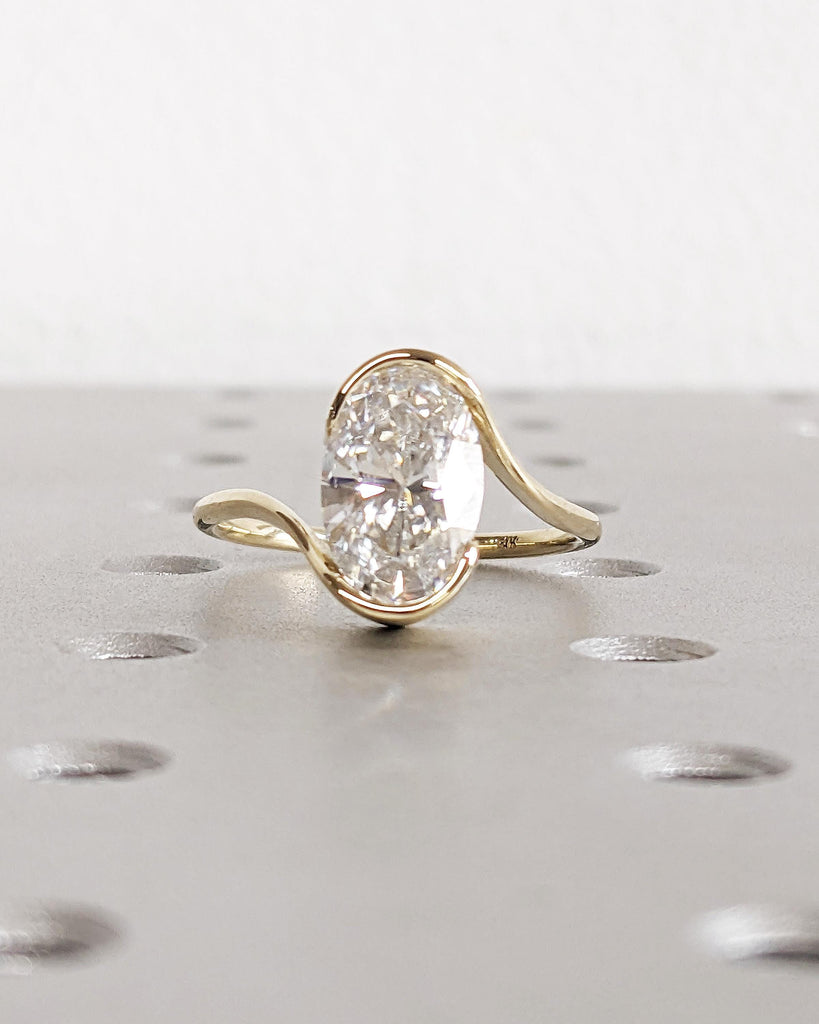 14K Solid Yellow Gold Bezel Engagement Ring, Oval Cut Solitaire Moissanite Ring, Bypass Shank Wedding Ring, Sleek Twist Design Promise Ring