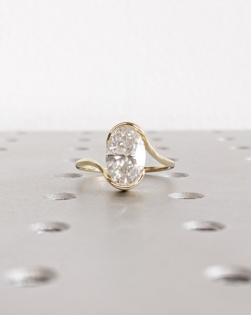 Oval Moissanite Bezel Engagement Ring / 14K Yellow Gold Bezel Wedding Ring / Oval Solitaire Ring / Statement Ring / Unique Anniversary Ring