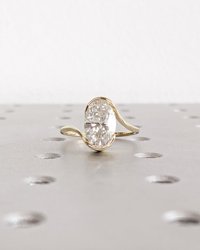 14K Solid Yellow Gold Bezel Engagement Ring, Oval Cut Solitaire Moissanite Ring, Bypass Shank Wedding Ring, Sleek Twist Design Promise Ring