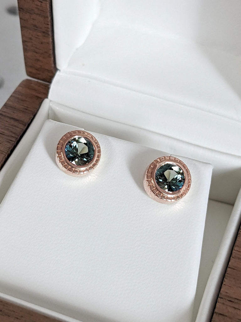 14k Rose Gold Round Sapphire Earrings | Minimalist Studs | Natural Green Gemstone Woman Jewelry