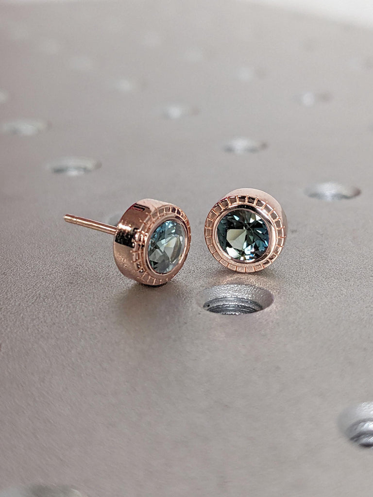 14k Rose Gold Round Sapphire Earrings | Minimalist Studs | Natural Green Gemstone Woman Jewelry