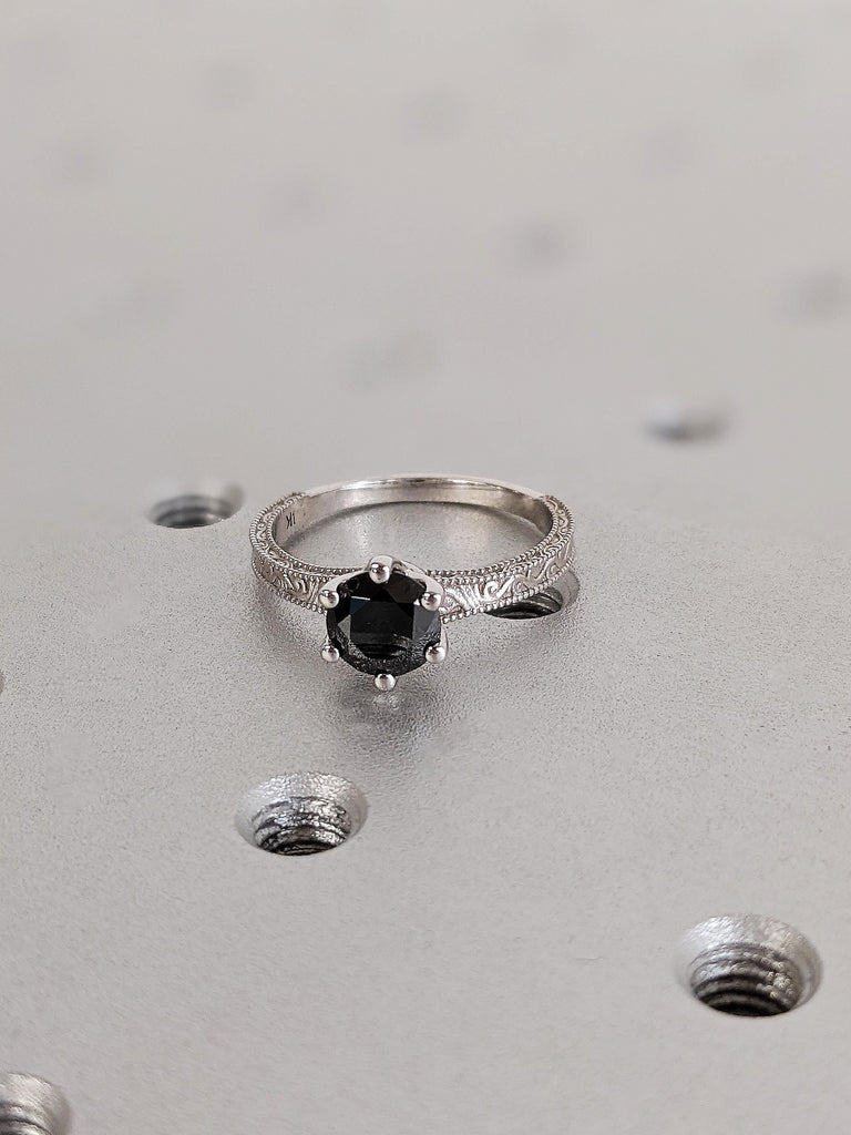 Unique Round Cut Black Moissanite Engagement Ring, Custom 14K White Gold Milgrain Wedding Ring, Vintage Solitaire Moissanite Promise Ring