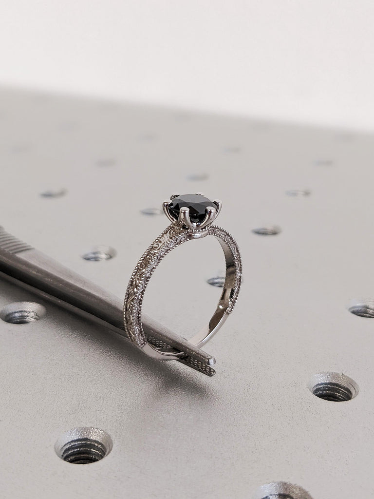 Unique Round Cut Black Moissanite Engagement Ring, Custom 14K White Gold Milgrain Wedding Ring, Vintage Solitaire Moissanite Promise Ring