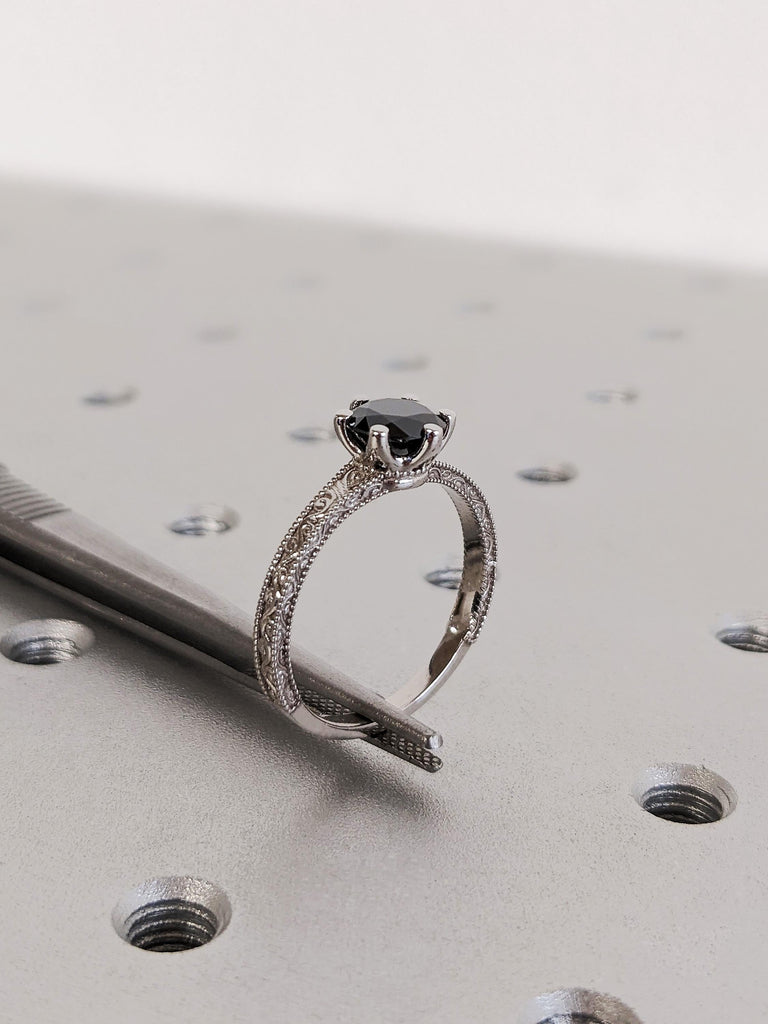 Vintage Round Cut Black Moissanite Bridal Engagement Ring, Classic Milgrain Women's Wedding Ring, 14K Solid White Gold Gold Filigree Band