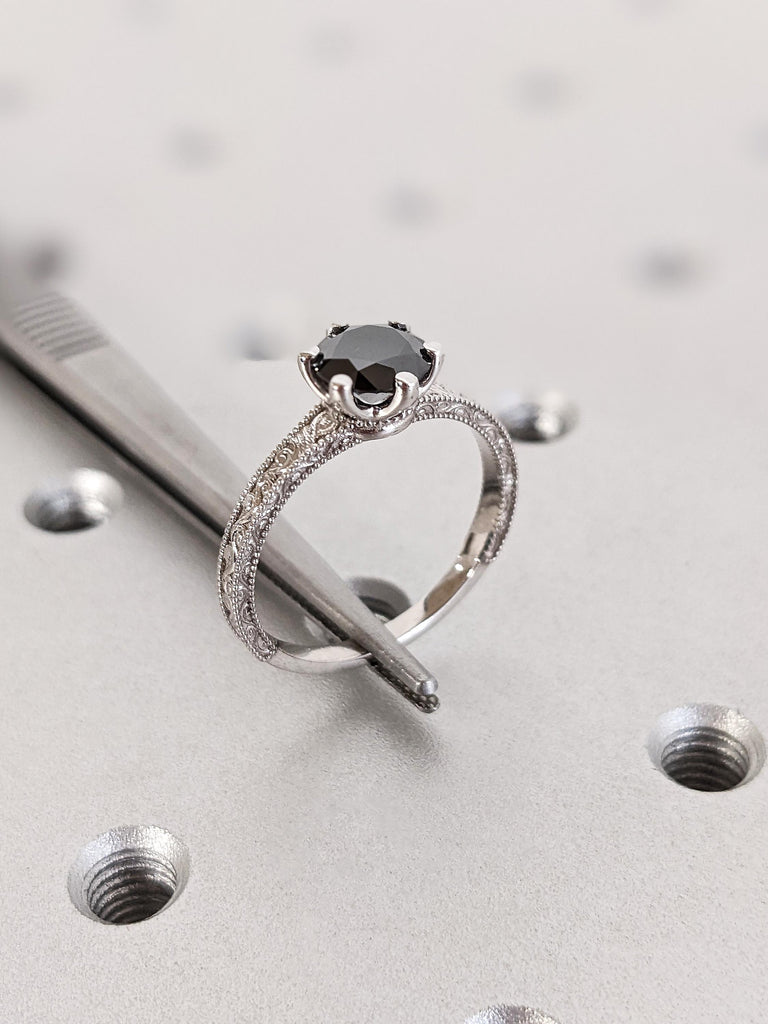 Unique Round Cut Black Moissanite Engagement Ring, Custom 14K White Gold Milgrain Wedding Ring, Vintage Solitaire Moissanite Promise Ring