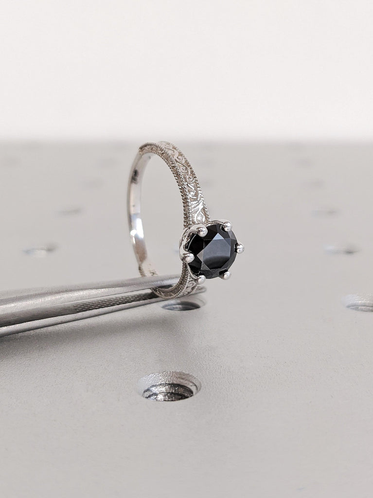 Unique Round Cut Black Moissanite Engagement Ring, Custom 14K White Gold Milgrain Wedding Ring, Vintage Solitaire Moissanite Promise Ring