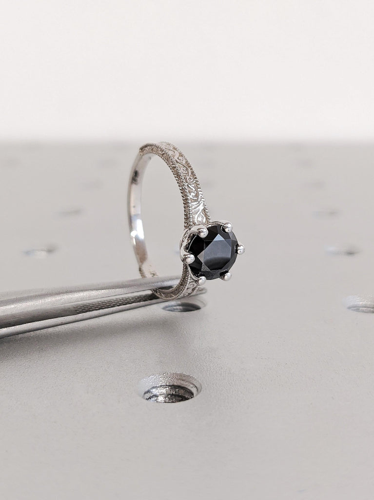Vintage Round Cut Black Moissanite Bridal Engagement Ring, Classic Milgrain Women's Wedding Ring, 14K Solid White Gold Gold Filigree Band
