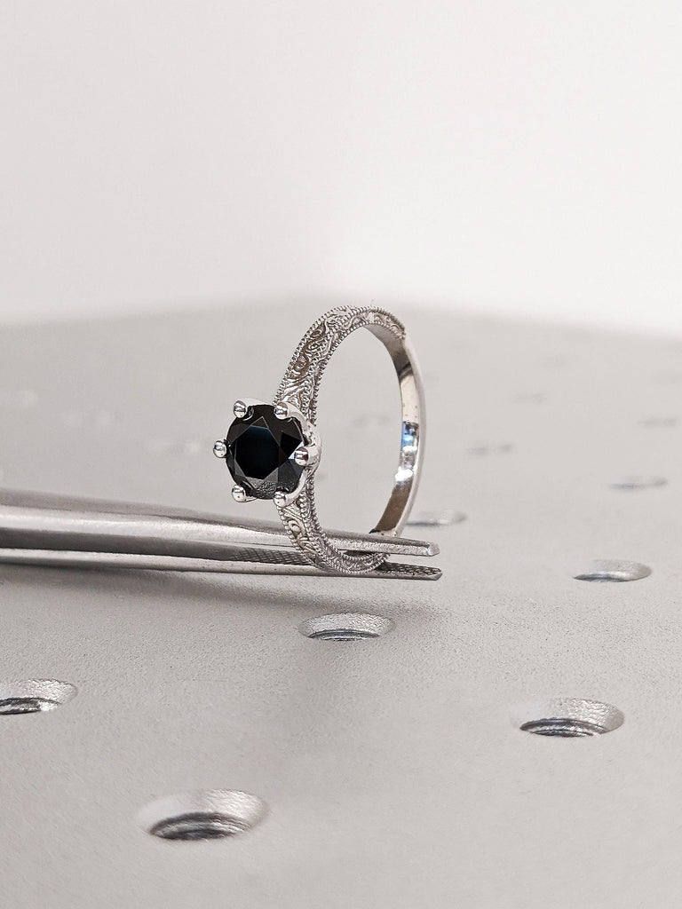 Unique Round Cut Black Moissanite Engagement Ring, Custom 14K White Gold Milgrain Wedding Ring, Vintage Solitaire Moissanite Promise Ring