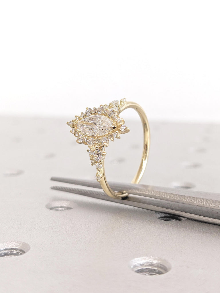 14K Yellow Gold Lab Grown Diamond Ring, Sunburst Halo Engagement Ring, Diamond Cluster Ring
